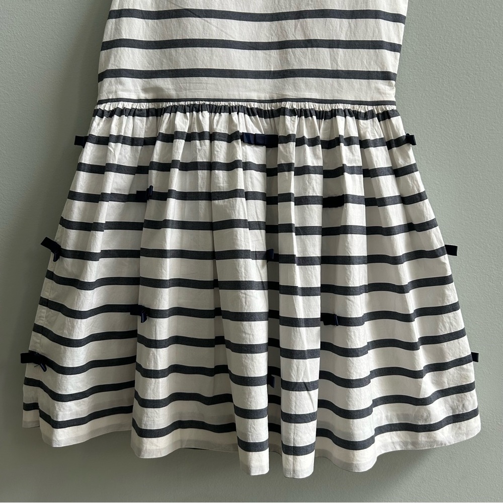Jacadi Paris White And Navy Blue Striped Bow Dress, Size 8A. - Picture 4 of 9